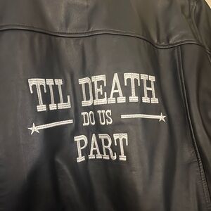 Black Leather Jacket with Embroidered Text